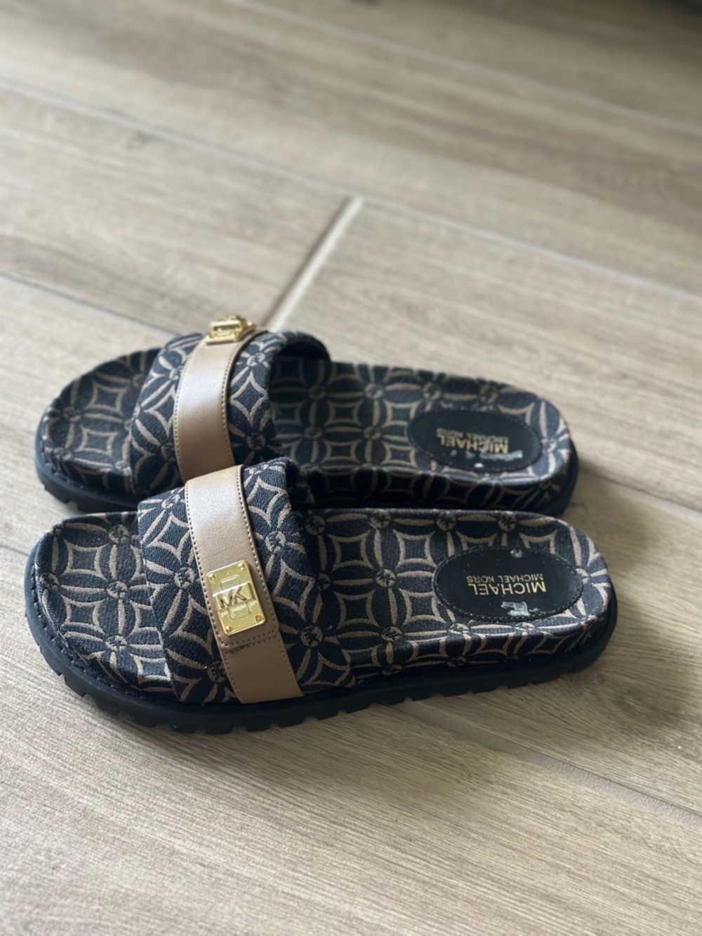 MICHAEL Michael Kors Padma Logo Slide Sandals, Brown, Gold